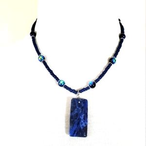Blue Sodalite healing stone large rectangle pendant beaded necklace NWT
